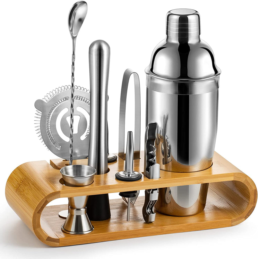 Cocktail Shaker Set Bartender Kit with Bamboo frame and 10 Pieces Stainless Steel Bar Tool Set